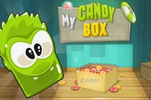 Vihreä hymyilevä hahmo, karkkipussi täynnä karkkeja ja teksti My Candy Box värikkäällä taustalla