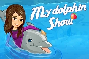Nuori nainen ratsastaa delfiinillä vedessä värikkään pallon vieressä, taustalla teksti My Dolphin Show