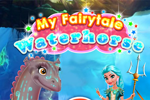 Vedenneito sinisessä asussa seisoo vedenhevosen vieressä taustalla vedenalainen maisema ja tekstinä on My Fairytale Waterhorse