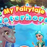 Vedenneito sinisessä asussa seisoo vedenhevosen vieressä taustalla vedenalainen maisema ja tekstinä on My Fairytale Waterhorse