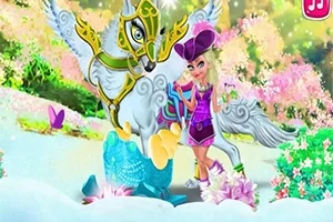 Haltia pukeutunut violettiin asuun seisoo lumisessa maisemassa, yhdessä siivekkään, panssaroidun hevosolennon kanssa, ympärillä kevätkukkia ja värikkäitä puita