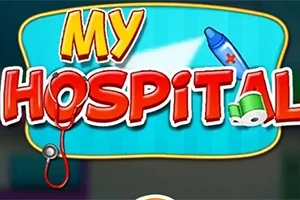 Punaiset ja keltaiset tekstit, joissa lukee My Hospital, sekä sinisellä taustalla oleva kynä ja stetoskooppi