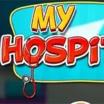 Punaiset ja keltaiset tekstit, joissa lukee My Hospital, sekä sinisellä taustalla oleva kynä ja stetoskooppi