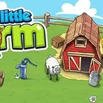 Piirretty maatila, jolla on lato, lammas, vesipumppu, tyhjiä kukkaruukkuja ja puutarhuri
