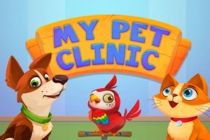 Koira, papukaija ja kissa seisovat My Pet Clinic -kyltin edessä