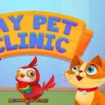 Koira, papukaija ja kissa seisovat My Pet Clinic -kyltin edessä