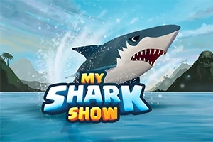 Hai hyppää vedestä sinisen taivaan alla, taustalla metsäisiä vuoria ja etualalla teksti My Shark Show