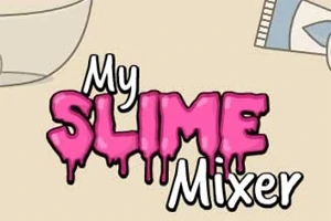 My Slime Mixer -tekstin ympärillä on limaiset fontit ja yksinkertaisia keittiövälineitä taustalla