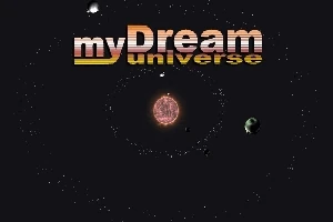 Teksti myDream universe avaruustaustalla, jossa on planeettoja ja tähti