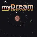 Teksti myDream universe avaruustaustalla, jossa on planeettoja ja tähti