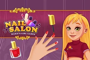 Kuvassa on piirroskäsi lakkaamassa kynsiä punaiseksi, vaaleahiuksinen tyttö hymyilee taustalla ja kuvaan on upotettu teksti Nail Salon