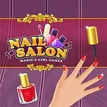 Kuvassa on piirroskäsi lakkaamassa kynsiä punaiseksi, vaaleahiuksinen tyttö hymyilee taustalla ja kuvaan on upotettu teksti Nail Salon
