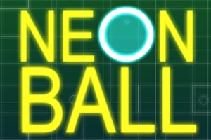 Kirkkaan keltaiset sanat NEON BALL tummalla taustalla, jossa on vihreitä sävyjä ja ruudukkomalli, ympyröity sinisellä pallolla