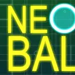Kirkkaan keltaiset sanat NEON BALL tummalla taustalla, jossa on vihreitä sävyjä ja ruudukkomalli, ympyröity sinisellä pallolla