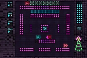 Neonvärinen, retrotyylinen labyrintti, jossa on pinkkiä ja sinistä hehkua, sekä kolme eriväristä tankkia; vieressä jouluaiheinen puu ja pisteitä sekä ominaisuuksia kuvaavat valikot