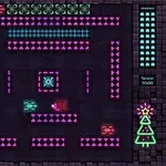 Neonvärinen, retrotyylinen labyrintti, jossa on pinkkiä ja sinistä hehkua, sekä kolme eriväristä tankkia; vieressä jouluaiheinen puu ja pisteitä sekä ominaisuuksia kuvaavat valikot