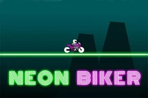 Värikäs neon-moottoripyörä vihreällä viivalla tummalla taustalla ja alhaalla värikäs teksti NEON BIKER