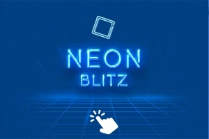 Sinisellä taustalla neonvaloteksti NEON BLITZ, nelikulmainen symboli yläpuolella ja klikkausta osoittava käsi alareunassa