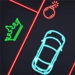 Neonvaloilla piirretty auto, kruunu, pommi ja tähti mustalla taustalla, ympäröity punaisilla viivoilla