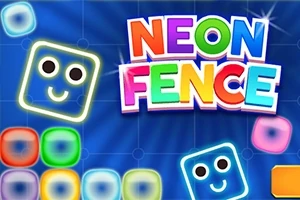 Hymyileviä, neonvärisiä kuutioita ja värikäs NEON FENCE -teksti sinisellä taustalla