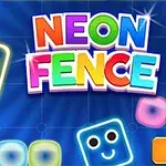 Hymyileviä, neonvärisiä kuutioita ja värikäs NEON FENCE -teksti sinisellä taustalla