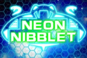 Sininen neonvaloilla hehkuva kuvio, jossa lukee Neon Nibblet, taustalla hunajakennokuvio ja tähtiä