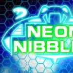 Sininen neonvaloilla hehkuva kuvio, jossa lukee Neon Nibblet, taustalla hunajakennokuvio ja tähtiä