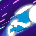 Abstrakti sinivalkoinen moottoripyörä liikkuu futuristisessa violetissa neonympäristössä