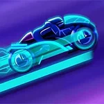 Futuristinen moottoripyörä, joka jättää jälkeensä sinisen hehkun neonväreissä purppuransinisellä taustalla