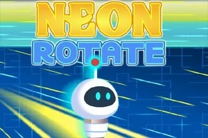 Sini-keltaisella taustalla leijuu pieni robotti, ja tekstinä on Neon Rotate