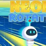 Sini-keltaisella taustalla leijuu pieni robotti, ja tekstinä on Neon Rotate