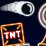 Hehkuvaneonikoristeinen kohde, jossa on TNT-teksti, liikkuva pallo ja tähtäintä muistuttava kohde tummalla taustalla