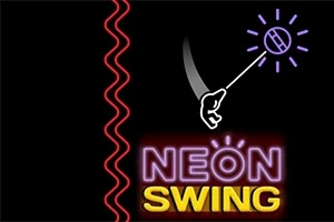 Musta tausta, jossa neonväriset tekstit NEON SWING ja käsi heilauttaa kirkasta, säteilevää palloa vasemmalle; vieressä punainen aaltoileva viiva
