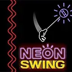 Musta tausta, jossa neonväriset tekstit NEON SWING ja käsi heilauttaa kirkasta, säteilevää palloa vasemmalle; vieressä punainen aaltoileva viiva