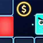 Sininen hymyilevä kuutio, joka iskee silmää, neonvalonauhassa kiertävien esteiden keskellä, ja taustalla on dollarin symboli