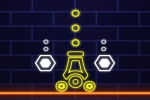 Animoitu neon-valomainen hahmo tummansinisellä tiiliseinällä, jossa on kuusikulmioita ja pyöreitä muotoja, sekä alareunassa oranssi viiva