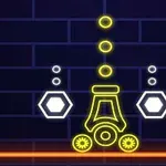 Animoitu neon-valomainen hahmo tummansinisellä tiiliseinällä, jossa on kuusikulmioita ja pyöreitä muotoja, sekä alareunassa oranssi viiva