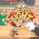 Kuvassa piirroshahmot taistelevat värikkäässä koulun liikuntasalissa; keskellä on teksti NERD FIGHT