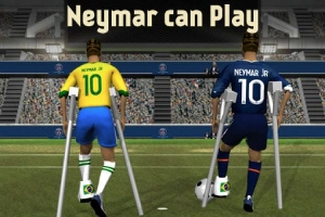 Kaksi jalkapalloilijaa kainalosauvoilla kentällä, päällään kelta-vihreä ja sininen pelipaita, joiden yläpuolella teksti Neymar can Play