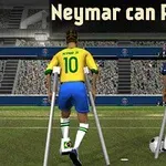 Kaksi jalkapalloilijaa kainalosauvoilla kentällä, päällään kelta-vihreä ja sininen pelipaita, joiden yläpuolella teksti Neymar can Play