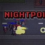 Pikselihahmot taistelevat kadulla keskiyöllä tähtäinten kanssa; yläosassa lukee Nightpoint