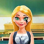 Nuori nainen, jolla on vaaleat hiukset ja salamanmuotoinen merkki kasvoissaan, seisoo luokkahuoneessa vihreän liitutaulun edessä