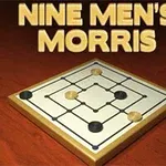 Pelilaudan yläpuolella lukee NINE MENS MORRIS; laudalla on mustia ja beigejä pelinappuloita