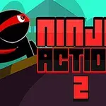 Ninja hahmo punaisella huivilla kyykistyy, ja isokokoinen teksti Ninja Action 2 näkyy kirkkaalla taustalla