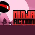 Animoitu ninja hyppää taustalla olevan vaaleanpunaisen kuun edessä, ja oikealla lukee Ninja Action