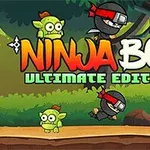 Ninja-hahmo hyppää vihreiden ja ruskeiden otuksien keskellä metsämaisemassa