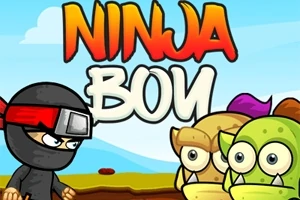 Ninja pukeutunut mustaan asuun seisoo vastakkain kahden sarjakuvamaisen hirviön kanssa värikkäällä taustalla, jossa lukee Ninja Boy