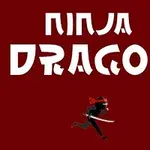 Tummanpunaisella taustalla on valkoiset tekstit Ninja Dragon ja alareunassa juokseva, miekkaa kantava ninja