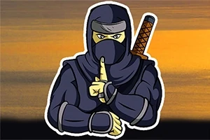 Ninja-piirroshahmo asettamassa etusormensa huulilleen, taustalla oranssi auringonlasku