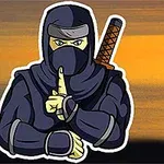 Ninja-piirroshahmo asettamassa etusormensa huulilleen, taustalla oranssi auringonlasku